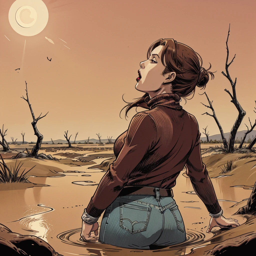 vector image, anime, mature woman, gloomy orgasm, turtleneck and jeans, drowning in the middle of quicksand bog,red,sky, red lips, turns around, from side view