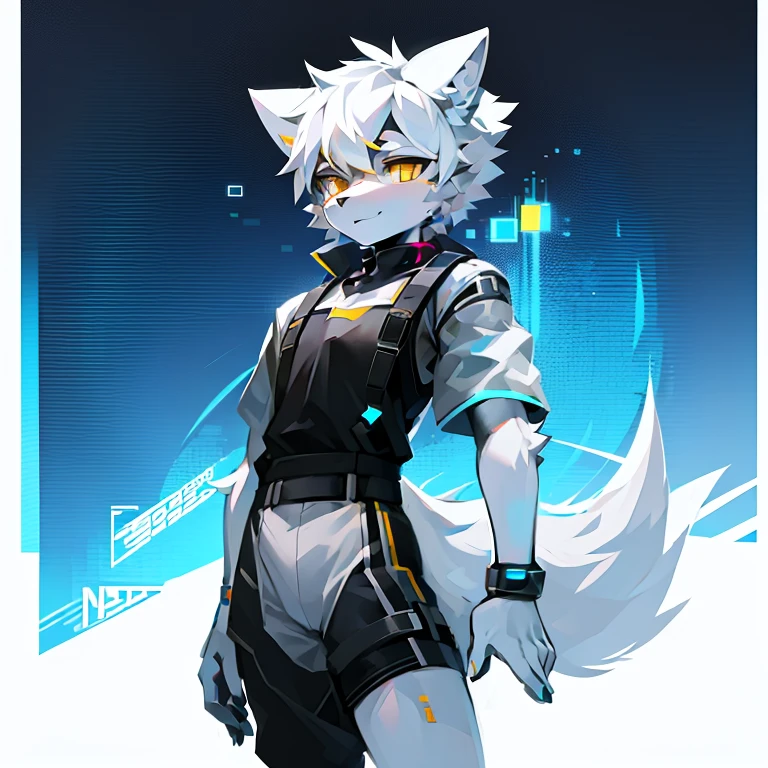 cyber punk perssonage,epcot,Tech style,solo person,White body,White ears,White hair,Overall white,Orange-yellow eyes,Wolf tail,Wolf orcs,Young,Wear a short-sleeved shirt,Ultra-clear screen,Soft lines