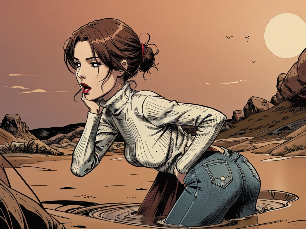 vector image, anime, mature woman, gloomy orgasm, turtleneck and jeans, drowning in the middle of quicksand bog,red,sky, red lips, turns around, from side view