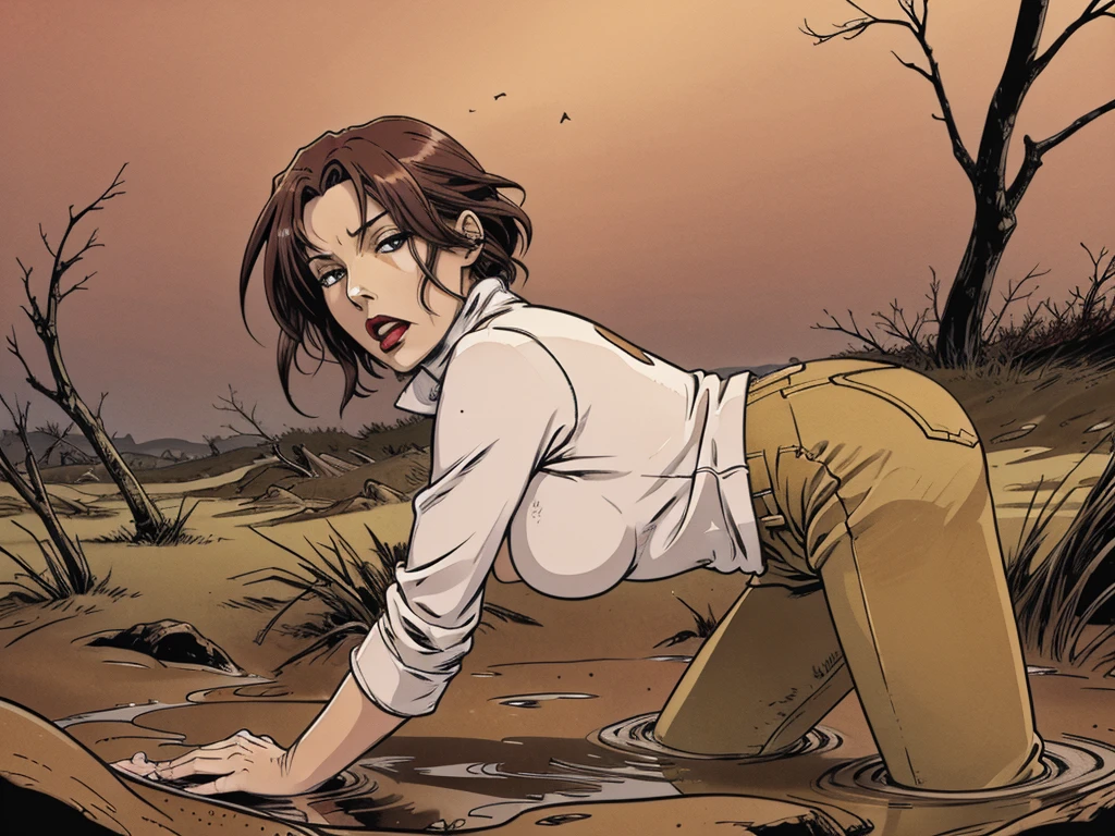 vector image, anime, mature woman, gloomy orgasm, turtleneck and jeans, drowning in the middle of quicksand bog,red,sky, red lips, turns around, from side view