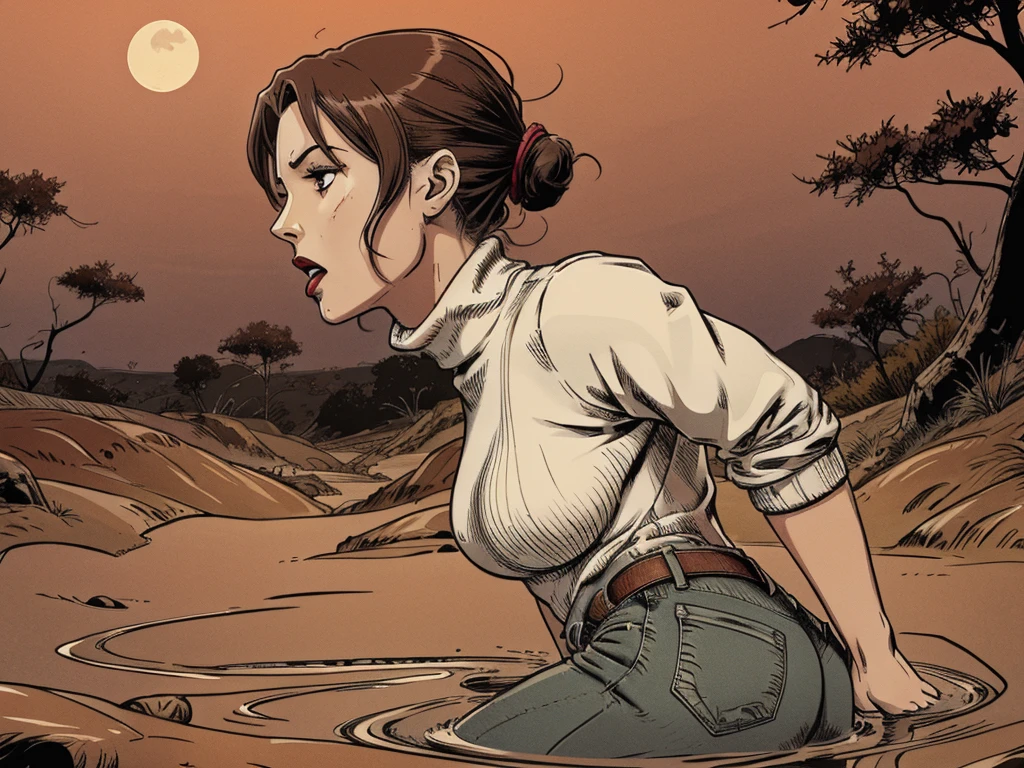 vector image, anime, mature  woman, gloomy orgasm, turtleneck, drowning in the middle of quicksand bog,red,sky, red lips, turns around, from side view, sinking torso deep, deep in quicksand