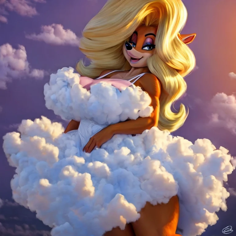 Tawna Bandicoot looking at the viewer, striking a sexy pose. She is shown wearing a dress made of clouds. The dress struggles to contain her breasts.