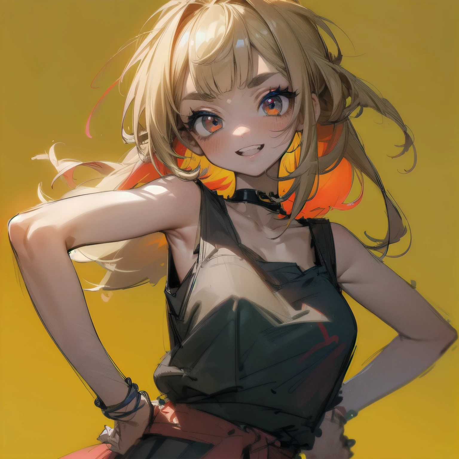 ((Masterpiece)), ((best quality)), (messy sketch:1.4), (High Definition:1.3), (Professional Photography:1.3), ((12 years old)), cute young Girl, Glossy unruly hair, (loose blunt bangs), blonde hair with red mesh, (red mesh), long hair, big eyes, (long eyelashes), ((Thin and short eyebrows)), colorful eyes, (cute smile), open mouth, jagged teeth, joy, (cute tanktop), barearms, cute, (place hand to hip), (colorful:1.3), gothic makeup, (simple concrete background),