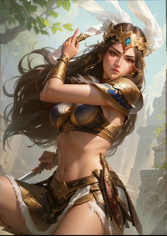 Wearing Clothing、Alafiid woman holding a sword and a sabre, Portrait of a Modern Darna, 一位美丽的Female Warrior,  Female Warrior, beautiful Female Warrior, Artgerm and Nguyen Chia, Beautiful character painting, author：Yang Jie, artger Details, Artgerm Julie Bell Beeple, epic Fantasy Character Art, Fantasy Character Art,big eyes