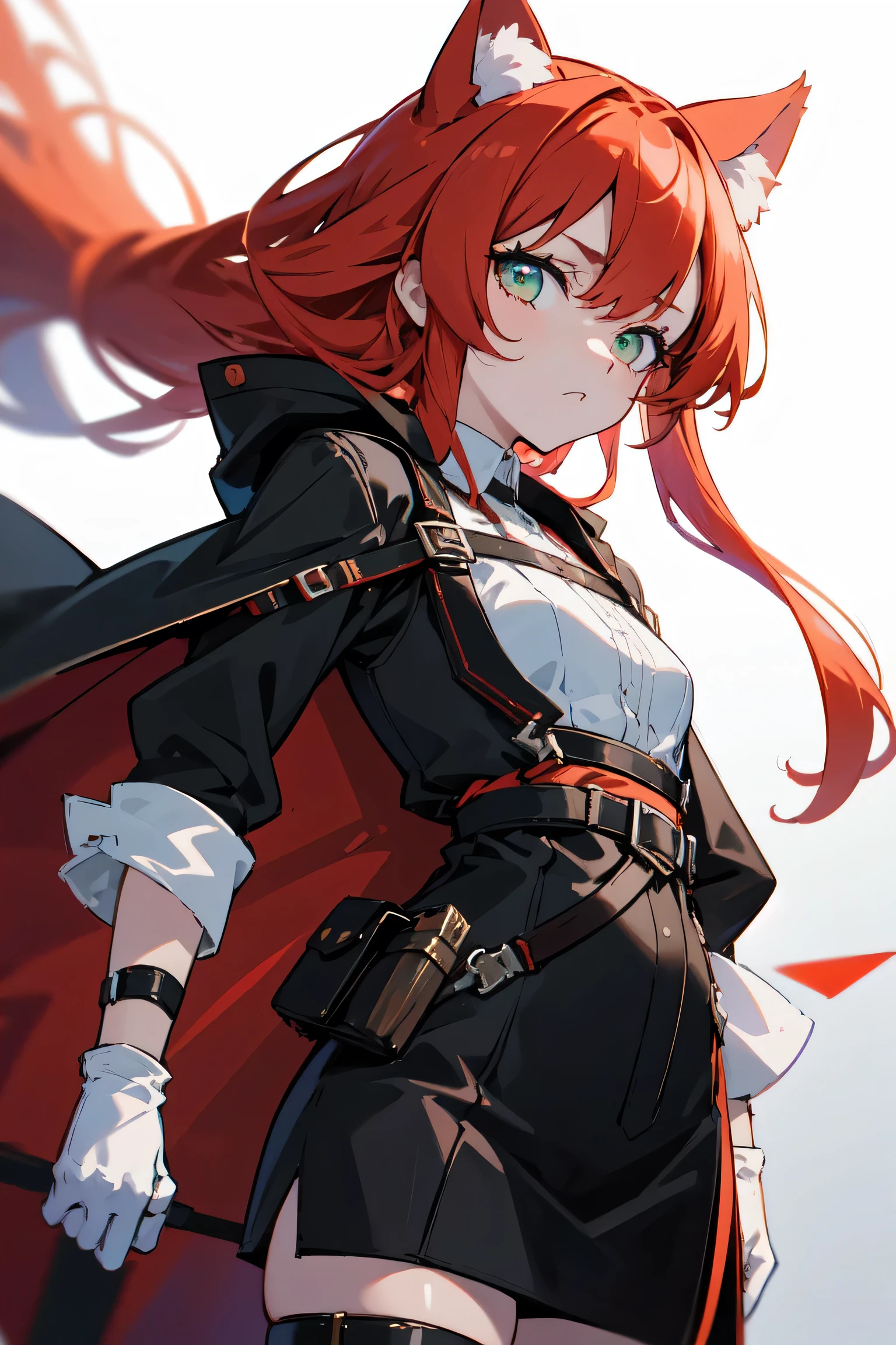 1girl, woman, solo, long hair, big hair, athletic, green eyes, Crimson-Red-colored orange hair, cat ears, small breasts, (overcoat, black coat, open coat:1.2), white shirt, collared shirt, (chest harness, shoulder strap:1.15), Black miniskirt, garters Gaze, small face bangss, holster, gloves, ((from below)), elegant, looking at viewer, standing, chromatic aberration, (close-up to face:1.2), face only masterpiece, best quality, 4k
