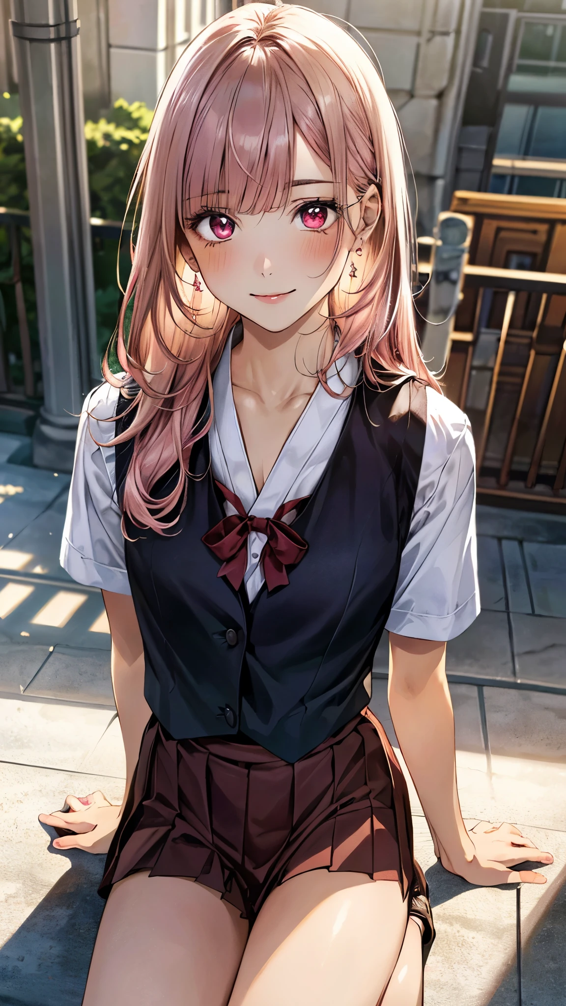 (masterpiece:1.3, top-quality, ultra high res, ultra detailed), (realistic, photorealistic:1.4), beautiful illustration, perfect lighting, natural lighting, colorful, depth of fields, surrealism,
beautiful detailed hair, beautiful detailed face, beautiful detailed eyes, beautiful clavicle, beautiful body, beautiful chest, beautiful thigh, beautiful legs, beautiful fingers, shiny skin, 
looking at viewer, 1 girl, japanese, high school girl, (perfect anatomy, anatomically correct, super detailed skin), cute and symmetrical face, babyface, perfect face, perfect eyes, slender, 
(long hair:1.8, straight hair, pastel pink hair), blunt bangs, maroon eyes, slant eyes, long eye lasher, (medium breasts, seductive thighs), 
((detailed cloth texture, white collared shirt, break,break, closed dark brown suit vest, break,break, dark red pleated mini skirt, break,break,break, dark red neck ribbon)), 
(beautiful scenery), evening, (outside high school), one kneeling, (lovely smile, upper eyes),