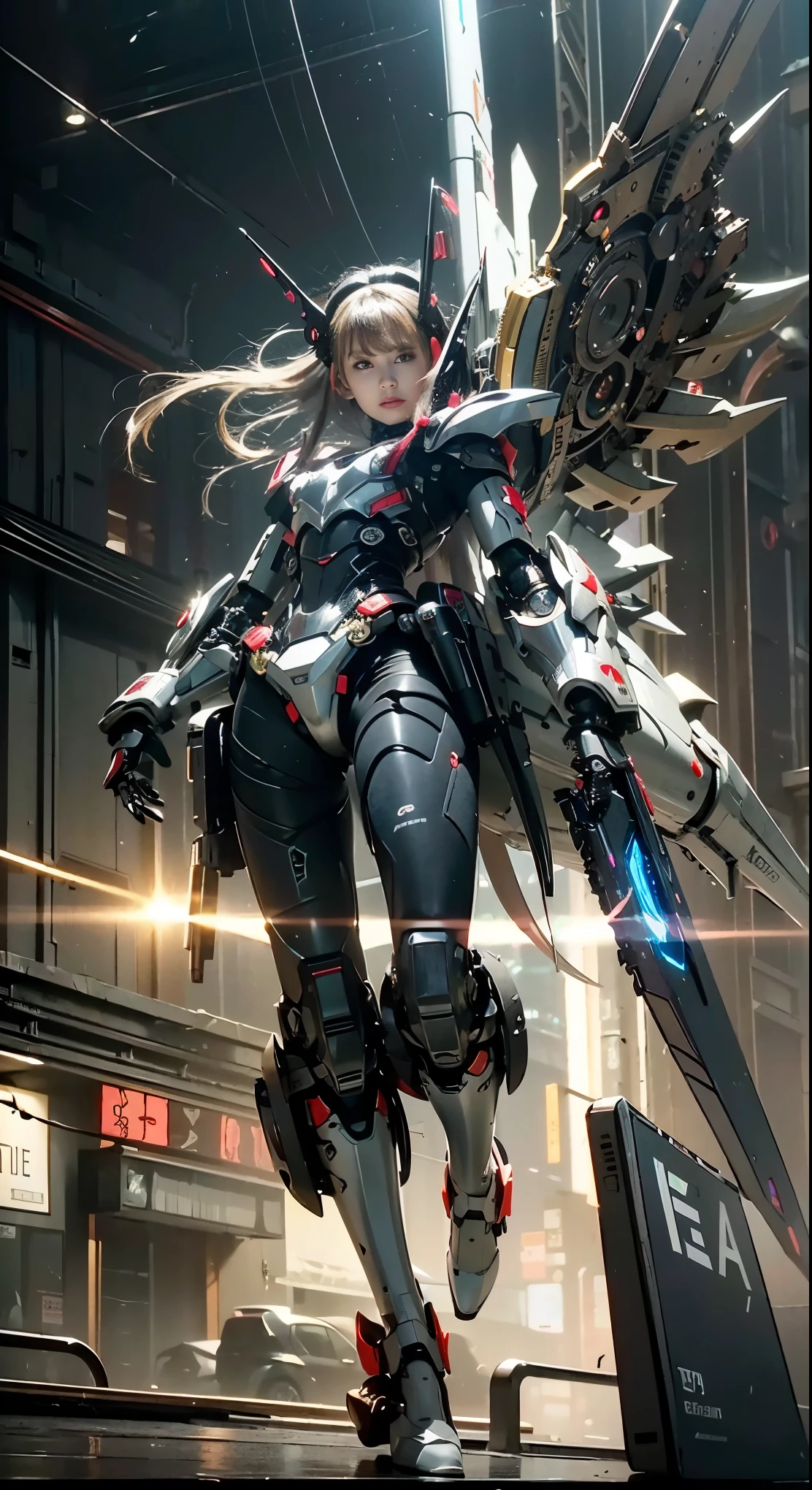 Dark_Fantasy, Cyberpunk, (chain saw, chain saw man, Red:1.1), 1gril, beatiful, black pantyhose, long silver hair, mechanical marvel, robotic presence, Cybernetic guardian, walking in city ruins, wearing shabby mech suits, intricate, (steel metal [rust]), elegant, clear focus, photographed by Greg Rutkowski, soft lighting, vivid colors, masterpiece, (((street)), cowboy shooting, dynamic pose,