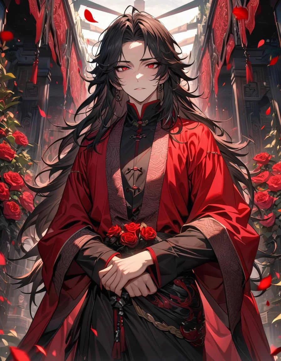 absurdres, highres, ultra detailed, HDR, master piece, best quality, perfect face, beautiful eyes, Luo Binghe, black long hair, without bangs, expressive red eyes, Scumbag System, solo, sexy man, handsome, black and red robes, patterns, accessories, red roses, red petals