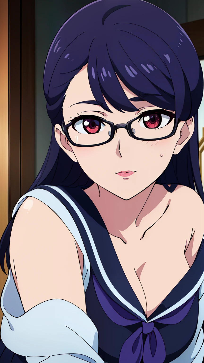 rifa,1 girl,(紫colorのeye, 紫colorの髪),bangs,Long Hair,(Red frame glasses, Red collar, serafuku, Sailor collar, 多colorのリボン, Sailor shirt, White shirt, (Off the shoulder), Black jacket, Pleated skirt, Black Skirt, Black knee socks),
20 years,young woman,beautiful long legs,beautiful body,
beautiful Nose,beautiful character design, perfect eye, perfect face,expressive eye,Perfect balance,
View your viewers,(Focus on her face), (Innocent_big_eye:1.0),
Anime art style,Dynamic Angle,Official Art,Very detailed CG ユニティ 8k 壁紙, Perfect lighting,colorful, bright_front_face_Lighting,White skin,
(masterpiece:1.0),(Highest_quality:1.0), 超High resolution,4K,Very detailed,
photograph, 8k, High resolution, High resolution, (Absurd:1.2), Kodak Portrait 400, Film Grain, Lens flare, (Vibrant_color:1.2),プロのphotograph,
(beautiful_Big Breasts:1.4), (beautiful_face:1.5),(narrow_Waist),