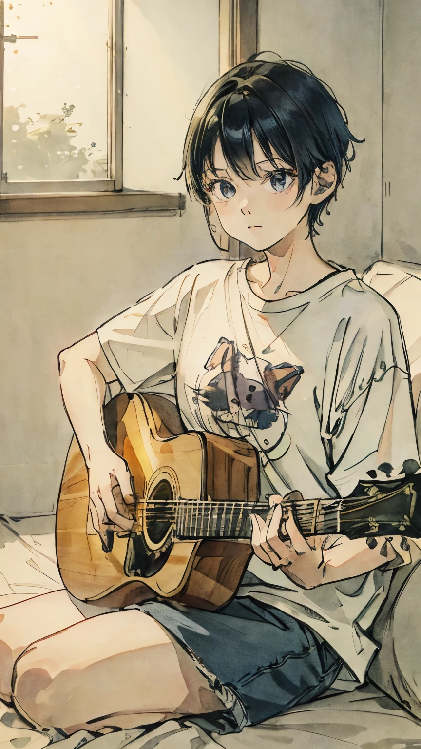 Oversized T-shirt、stand lighting、Colored pencil style、short hair、play the guitar、sofa、Cat、night、Room with a window、night、High precision、detailed、８K