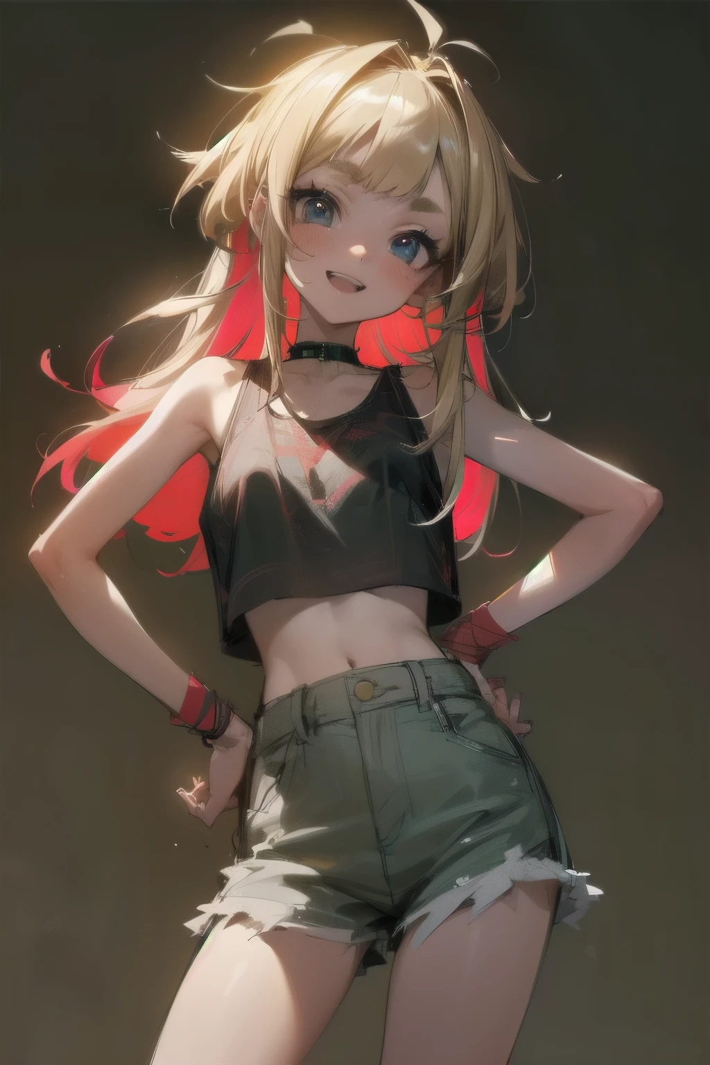 ((Masterpiece)), ((best quality)), (messy sketch:1.4), (High Definition:1.3), (Professional Photography:1.3), (()), cute young Girl, Glossy unruly hair, (loose blunt bangs), blonde hair with red mesh, (red mesh), long hair, big eyes, (long eyelashes), ((jagged teeth)), colorful eyes, (cute smile), open mouth, jagged teeth, joy, (cute tanktop), barearms, cute, (place hand to hip), (colorful:1.3), gothic makeup, (simple brickwall background),