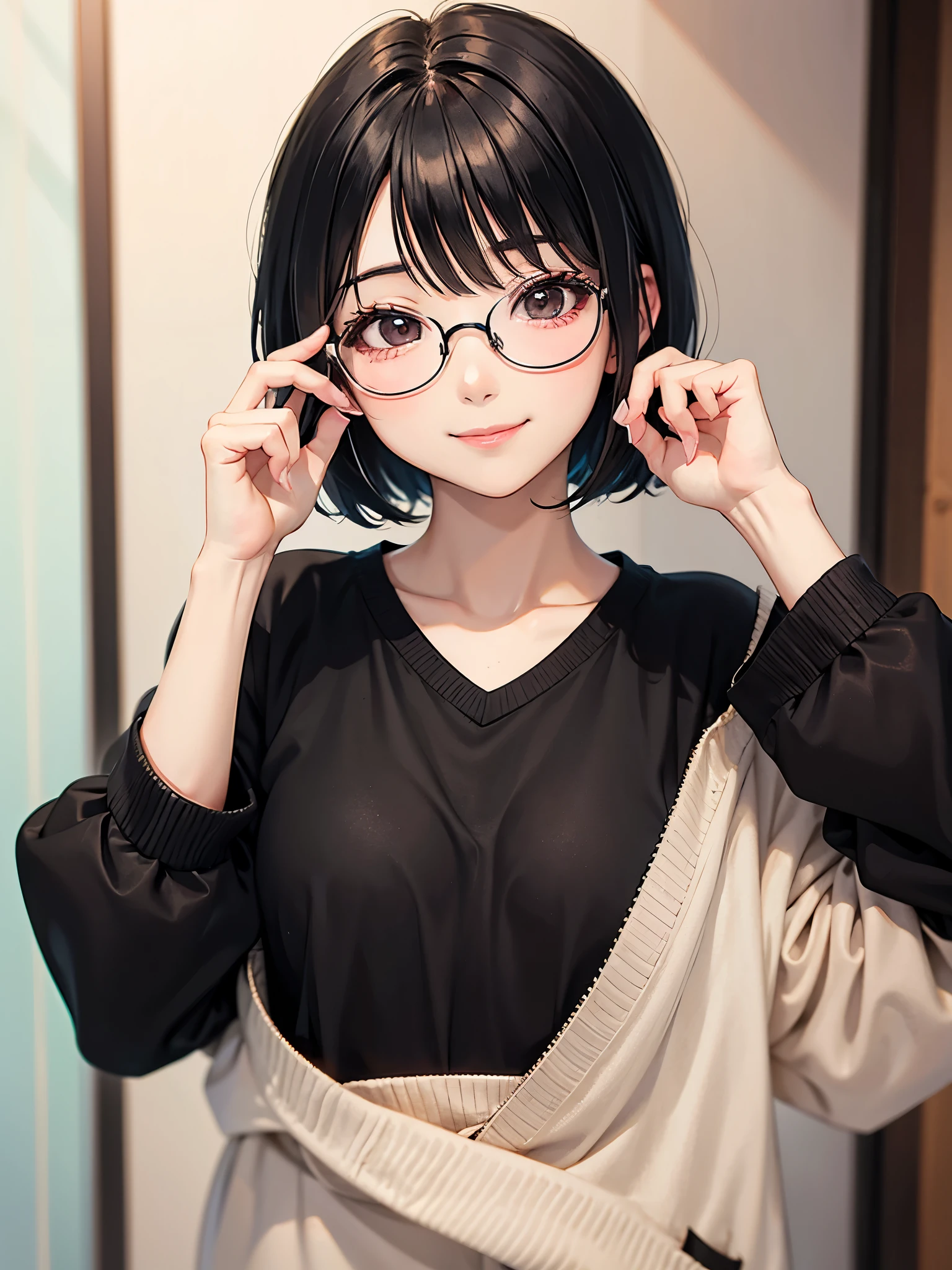 Black hair. Short hair. Anime girl. Asian girl. Ulzzang. Glasses. Smile.