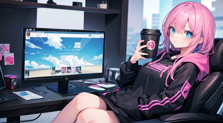 girl　black and pink hair　long　blue eyes　Black hoodie　１Looking at a computer screen　Drink coffee　Sit in a gaming chair