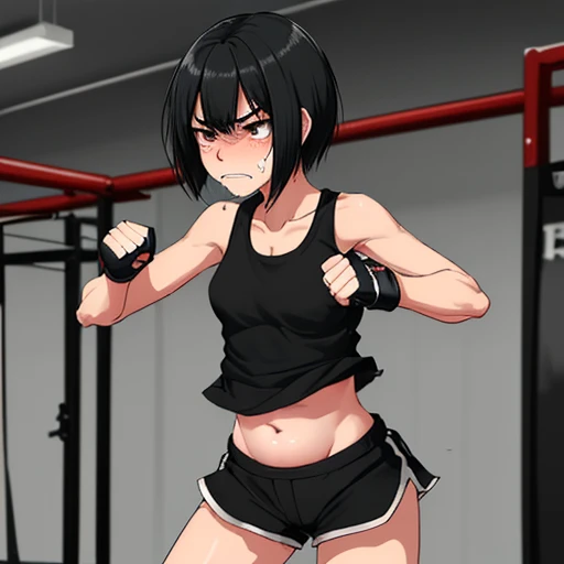Cute slender high school girl, mma gym, being punched in her belly, pained expression, clenching her teeth to endure, just a few muscle sinews visible, short black hair, small breasts, tank top, short shorts