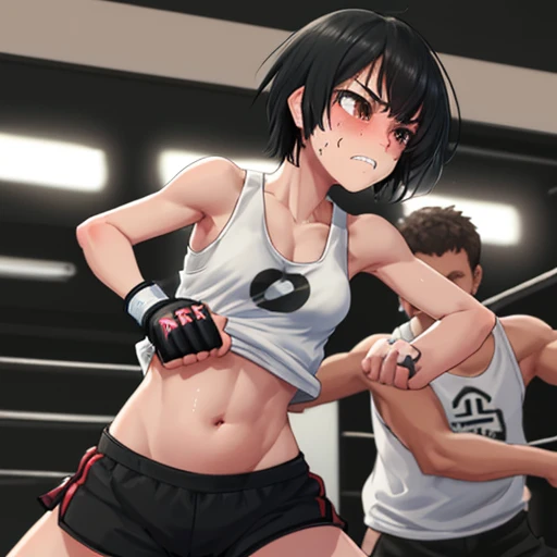 A Japanese high school girl with a poor, bloodied body is beated down in a fighting ring. She has been beaten to a pulp. Sweaty and covered in scars, she has one eye closed and her mouth open, panting and drooling. She wears a tattered tank top, spats, and open-fingered gloves. Erect nipples. Her poor belly. Small breasts.