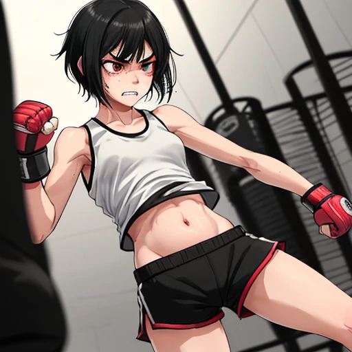 Cute slender high school girl, mma gym, being punched in her belly, pained expression, clenching her teeth to endure, just a few muscle sinews visible, short black hair, small breasts, tank top, short shorts