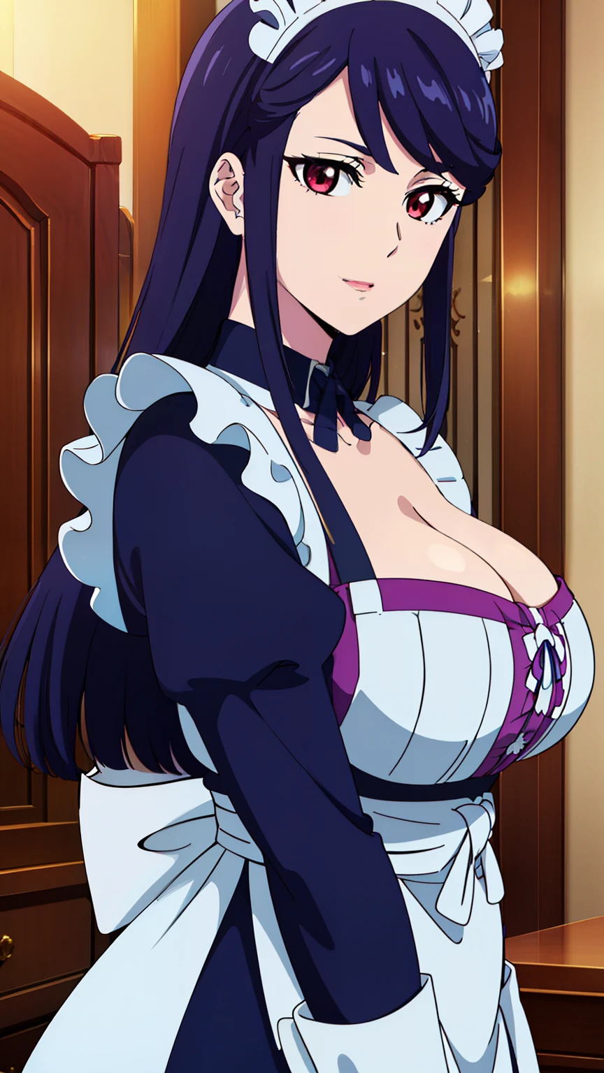 rifa,1 girl,(紫colorのeye, 紫colorの髪),bangs,Long Hair,(Maid, Maid headdress, Maid apron, Off the shoulder, Frills, Black neck ribbon,(Covered ), Long sleeve, hair ornaments), 
20 years,young woman,beautiful long legs,beautiful body,
beautiful Nose,beautiful character design, perfect eye, perfect face,expressive eye,Perfect balance,
View your viewers,(Focus on her face), (Innocent_big_eye:1.0),
Anime art style,Dynamic Angle,Official Art,Very detailed CG ユニティ 8k 壁紙, Perfect lighting,colorful, bright_front_face_Lighting,White skin,
(masterpiece:1.0),(Highest_quality:1.0), 超High resolution,4K,Very detailed,
photograph, 8k, High resolution, High resolution, (Absurd:1.2), Kodak Portrait 400, Film Grain,  Lens flare, (Vibrant_color:1.2),プロのphotograph,
(beautiful_Big :1.4), (beautiful_face:1.5),(narrow_Waist),