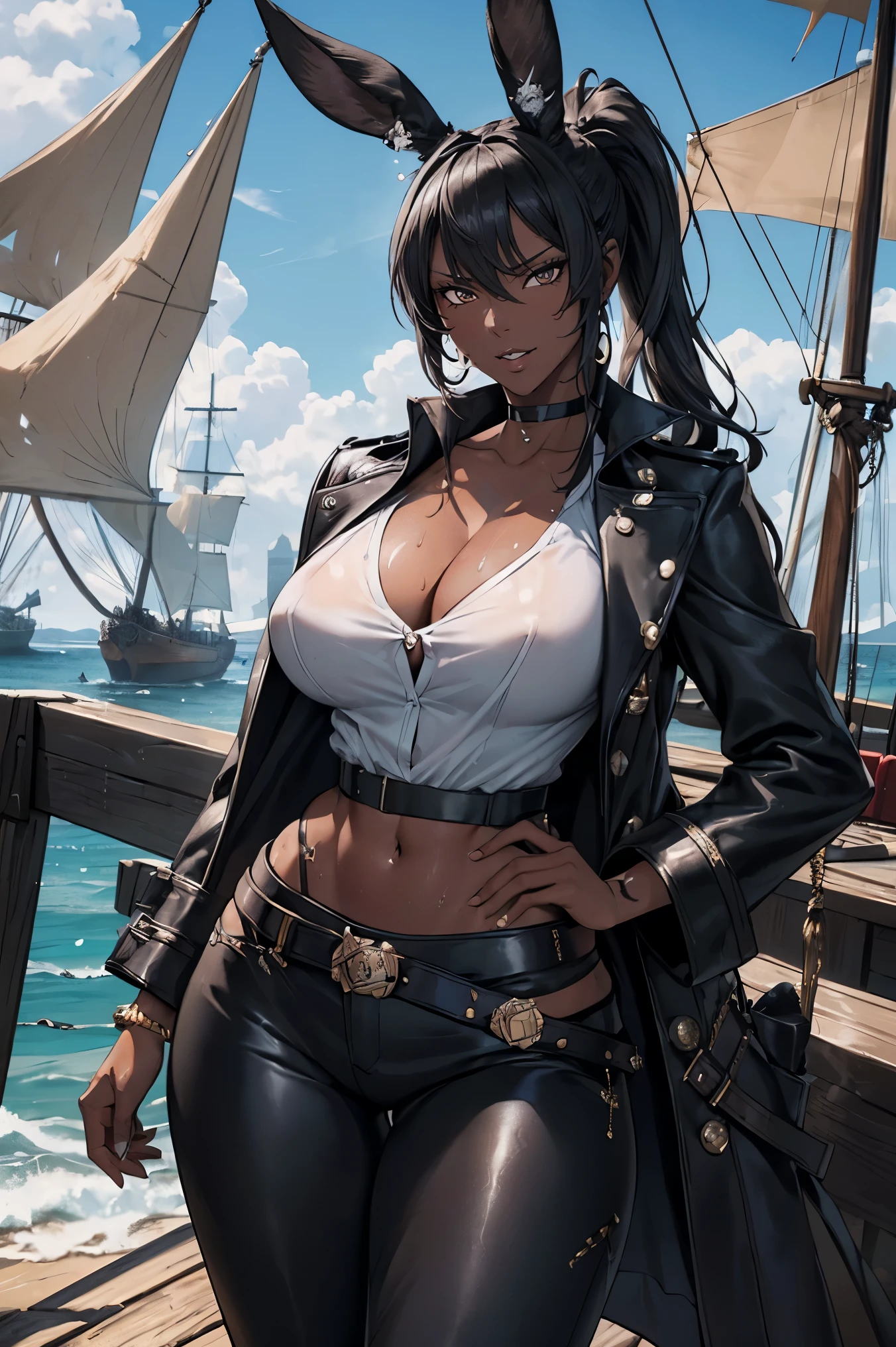 (masterpiece), best quality, highly detailed faces, (SHARP details), 4k, highly detailed, expressive eyes, SHARP detail expressive eyes, (SHARP detail perfect face), ((dark skin)), (bunny ears), (viera), ((black hair)), (choker) amber eyes, ponytail, wild tomboy hair, smiling, standing, (wearing pirate outfit), 20 years old, cleavage, ((solo)), nice hips, curvy, tall woman, ((sweat)), outdoors, pirate ship, ocean, (wearing white button shirt), (black pirate coat), black coat, thighhigh boots, (pirate), ((saber)), cutlass, belt, pirate gun in belt, (wearing black tight pants), piercings, jewelry, (female pirate captain), earrings on bunny ears, (full body shot), (on a ship),