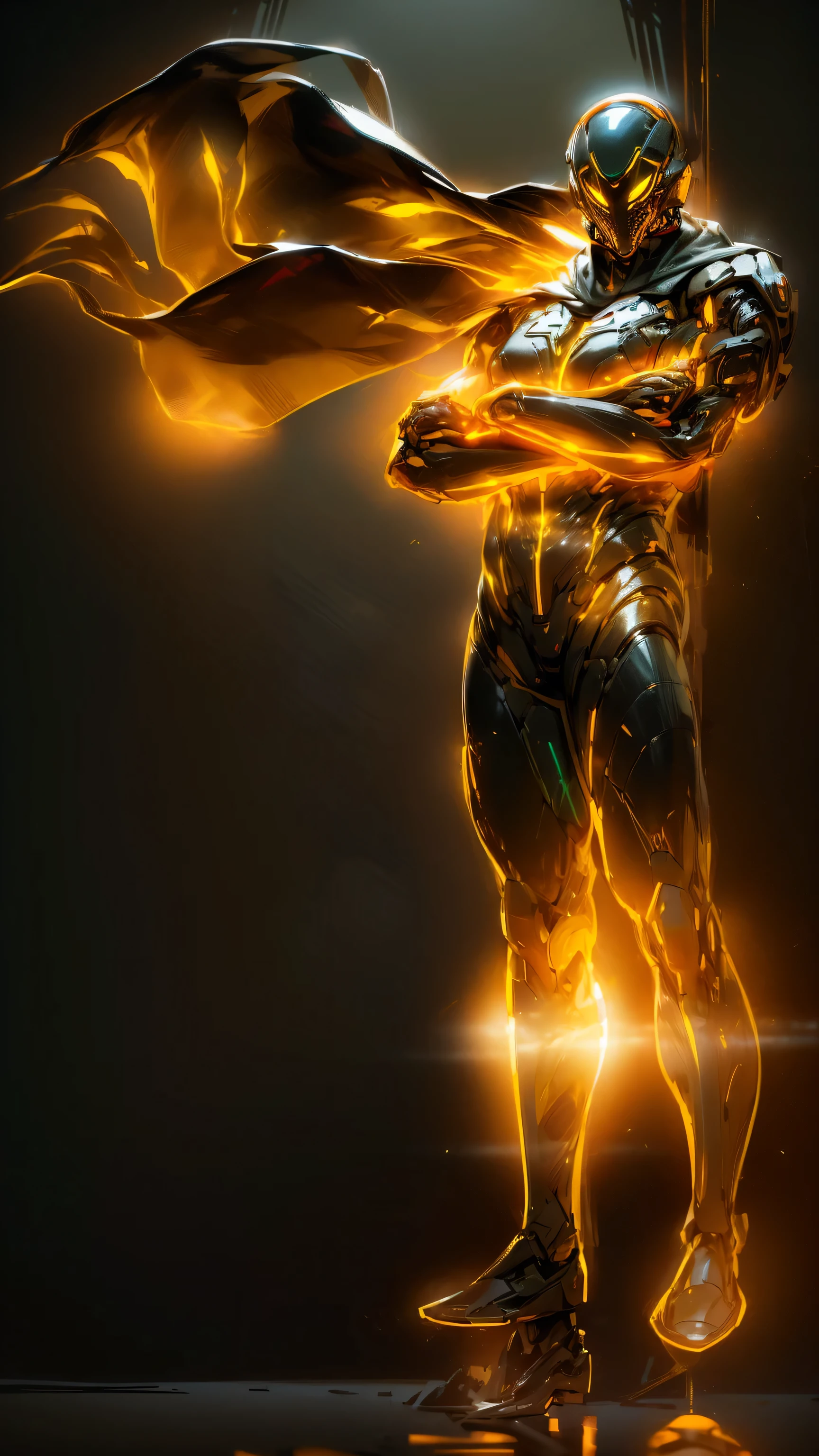 realistic,shiny,reflective,bioluminic, galactic cybernetic mask,mecha,(assassin:1.2),((((scarf,long cloak)))),sh4g0d,GlowingRunes_red,fullbody,cinemnatic,dark background,backlight,high contrast