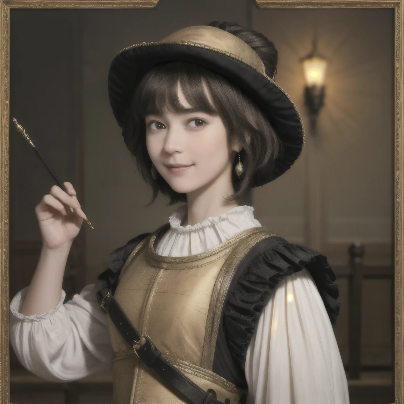 221 Short Hair, 20-year-old woman, A kind smile, (Luxurious stables), (Rembrandt-style painting), (Focus on the face, Written boundary depth)