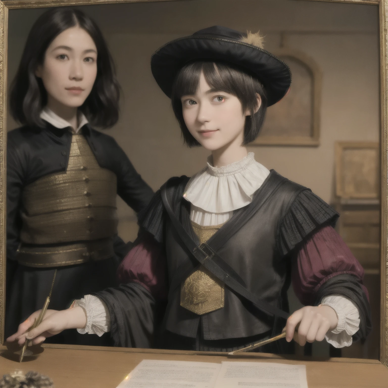 221 Short Hair, 20-year-old woman, A kind smile, (Luxurious stables), (Rembrandt-style painting), (Focus on the face, Written boundary depth)