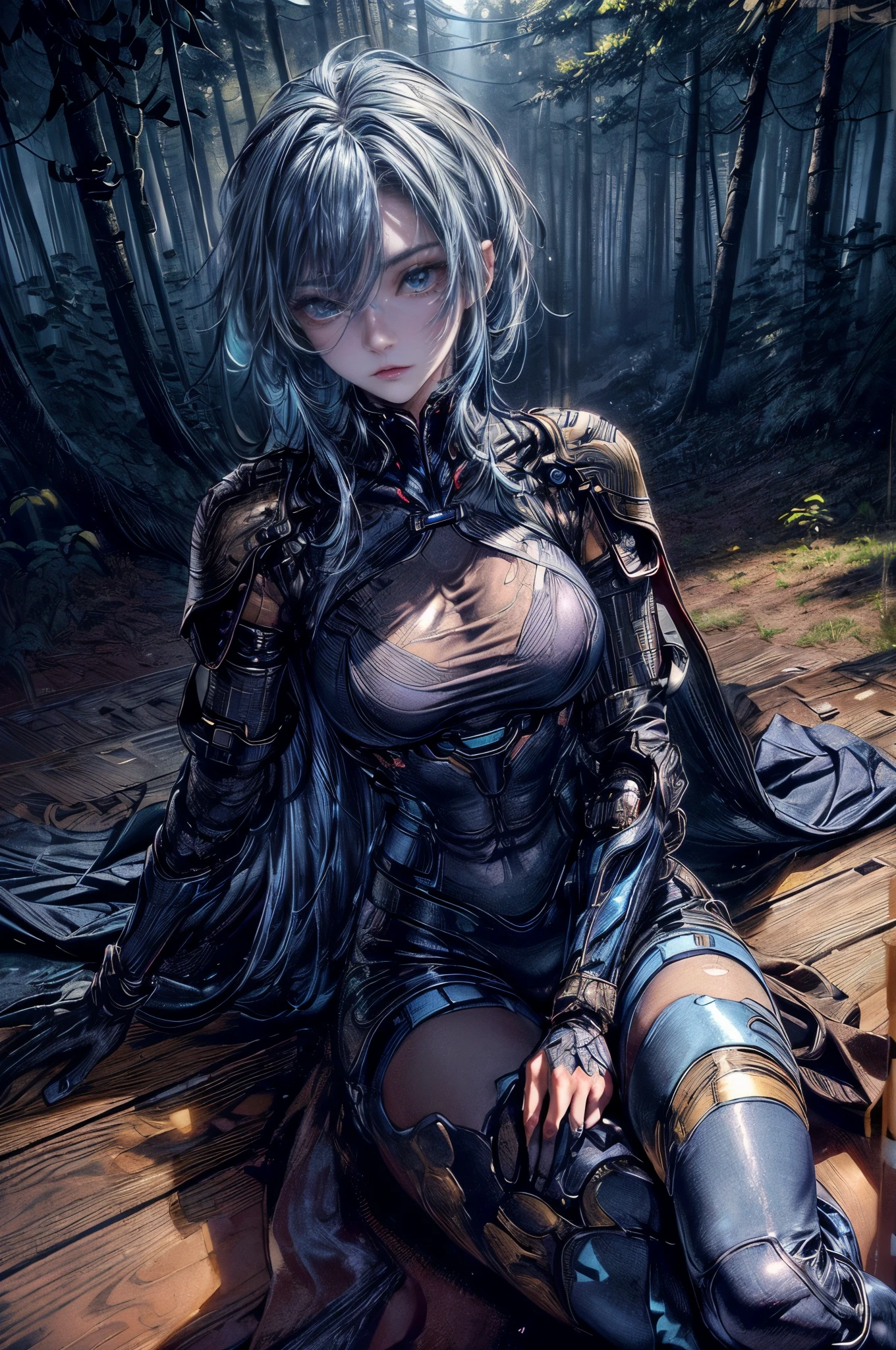 Cinema Lighting、Highly detailed skin,1 girl, highest quality,cyber punk,(Dim color, Calm tone:1.3),(Beautiful 20 year old woman、Beautiful facial features down to the last detail、Blue hair color、blue eyes:1.3)(Deep blue hair:1.5)(Wolf cut hairstyle)(Serious expression)break.
BREAK Cybertech wear with a gold and black theme、Sheer material on chest area、prepare、Cross your legs:1.4
break、(Highly detailed and accurate arms and legs:1.4)(morning、A base with a view of the forest、早morningmorning焼け:1.4)(Preparing for battle)Mission Begins