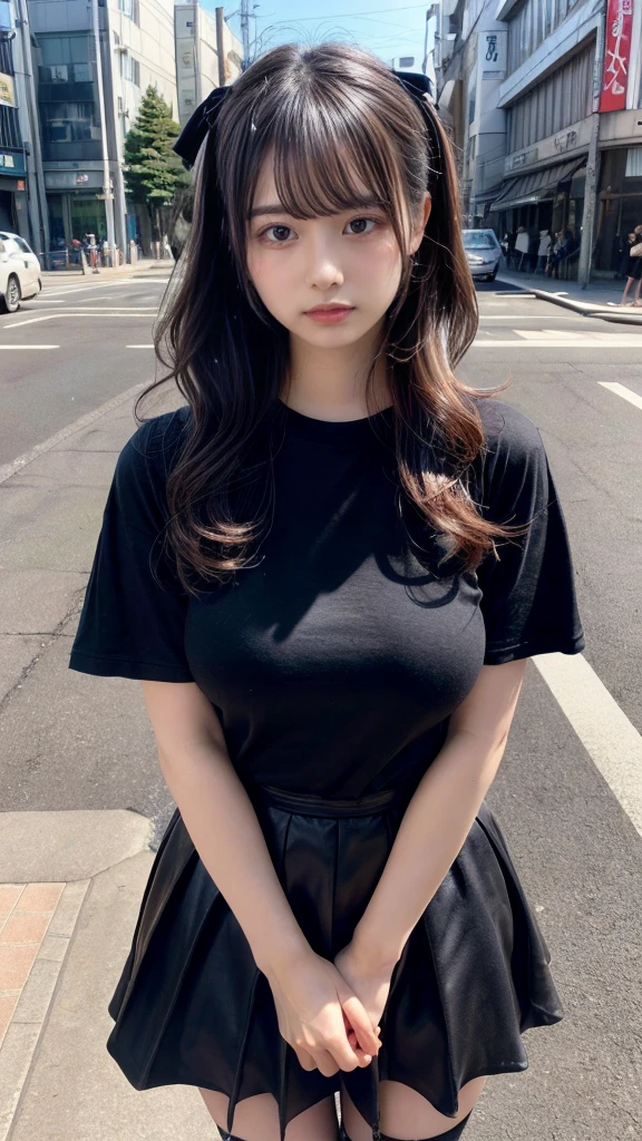 muste piece, best quality, illustration, Super detailed, fine details, High resolution, 8K,wall paper, perfect dynamic composition,(Details High quality, realistic depiction of eyes:1.3), (wavy hair:1.2), street snap, having clothes are worn、tshirts、Black long skirt, ((facing viewer)), at the street in tokyo, Layered Cut, black hair color, Big Natural Color Lip, sexy pose, crying a little、cold gaze, Harajuku style、20 year old girl、cute type、ta, hposing Gravure Idol, full body photo, huge breasts