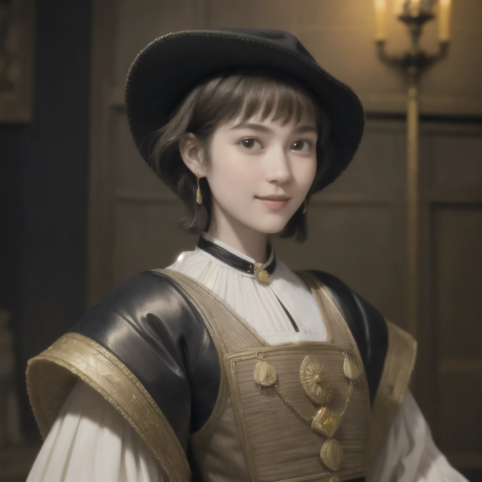 221 Short Hair, 20-year-old woman, A kind smile, (Luxurious stables), (Rembrandt-style painting), (Focus on the face, Written boundary depth)