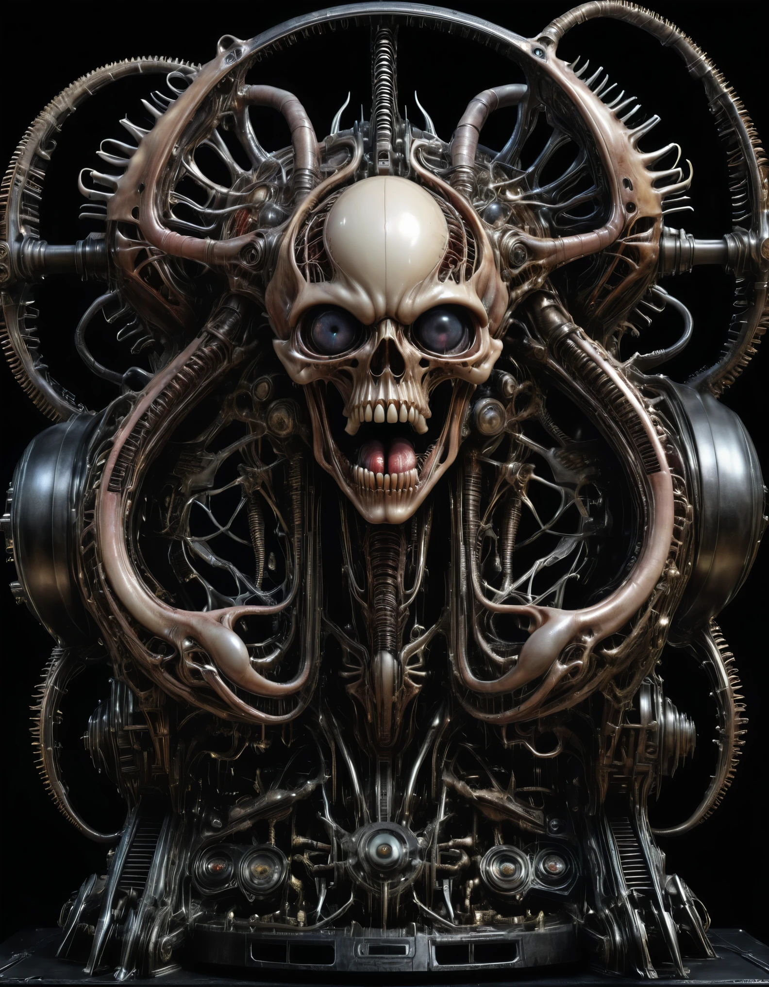 crazy killing machine by Giger, biomechanical mass, organic, horror machinery, intricate, high detail, isolated on black background