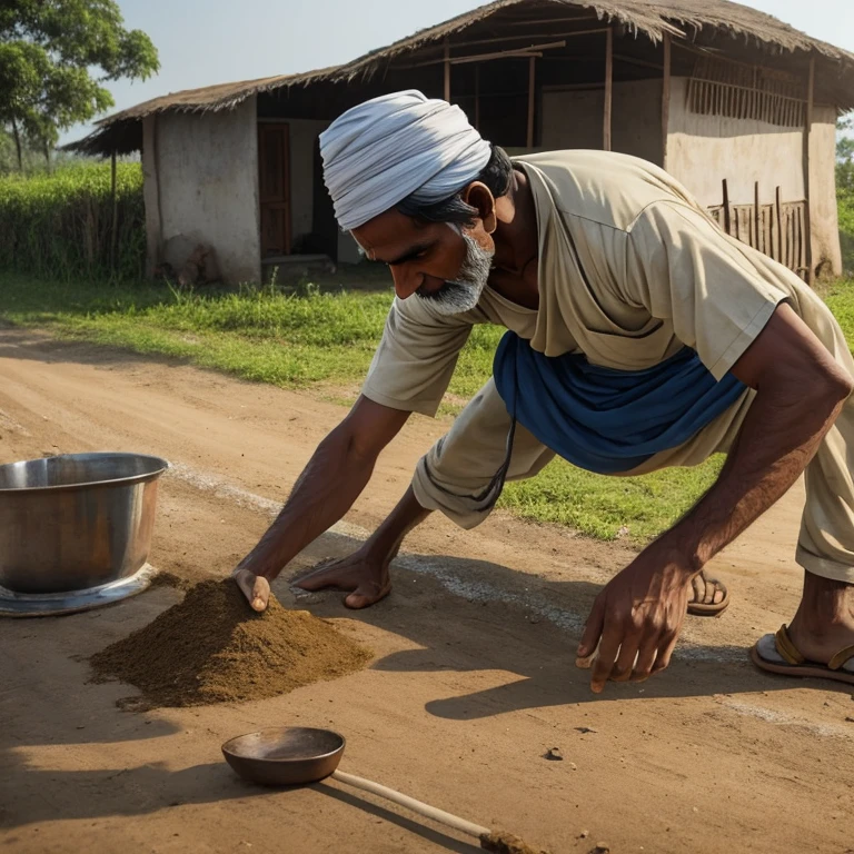 A hardworking Indian man, dressed in simple yet functional clothing, is depicted on the roadside. Sweat glistens on his forehead as he tirelessly labors, focusing intently on the task at hand. His sun-kissed skin bears the marks of countless hours spent toiling under the sun. The scene is set against a backdrop of a rustic, rural landscape, with the occasional passing vehicle adding a sense of life and movement to the otherwise tranquil setting. The man's strong Determination and Endurance radiate from the image, making for a captivating and inspiring representation of hard work and perseverance.