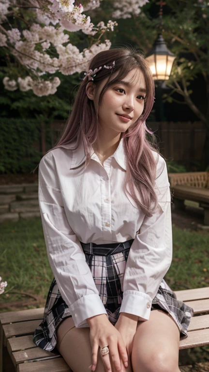 Night time,Dark,  Korean girl, gray plaid wavy skirt, pink brush , 8K, Park, white shirt, wolf hair, Doble layer hair dye, first layer are white, second layer are white, Looking up to see the cherry blossoms, pale solid colour background, cuff, up right pose, static pose, center composition, Sit on the estetic bench,estetic Garden lamp, Flowers, pets, others people,smile