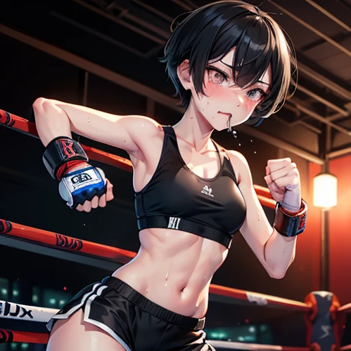 1lady solo standing, (sparring with sandbag), (dynamic posing), (stylish boxing outfit), (T-shirt) (sporty shorts), mature female, /(dark brown hair/) bangs (messy hair), (light smile:0.8), open mouth, (teeth:0.8), (masterpiece best quality:1.2) delicate illustration ultra-detailed, large breasts BREAK (wearing glove), (motion blur:1.2), (blurred glove:1.2) BREAK (boxing gym) indoors, (sandbag hanging from ceiling), noon, detailed background