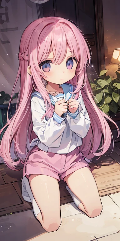 Beautiful illustrations, highest quality, (12-year-old girl:1.4)、(pretty girl:1.5)、、Flat Chest、Sailor collar、(White long tunic)、Long sleeve sailor suit、Blue-line cuffs、(Pink Chino Shorts:1.7)、(Pink shorts with wide openings:1.6)、Gap between thighs and shorts、Thin thighs、White socks、 Cinema Lighting, (Pink Long Hair)、Pink Straight Hair、Redness on the cheeks、(Braiding of the back of the head)