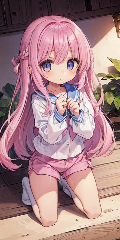 Beautiful illustrations, highest quality, (:1.4)、(pretty girl:1.5)、、Flat Chest、Sailor collar、(White long tunic)、Long sleeve sailor suit、Blue-line cuffs、(Pink Chino Shorts:1.7)、(Pink shorts with wide openings:1.6)、Gap between thighs and shorts、Thin thighs、White socks、 Cinema Lighting, (Pink Long Hair)、Pink Straight Hair、Redness on the cheeks、(Braiding of the back of the head)