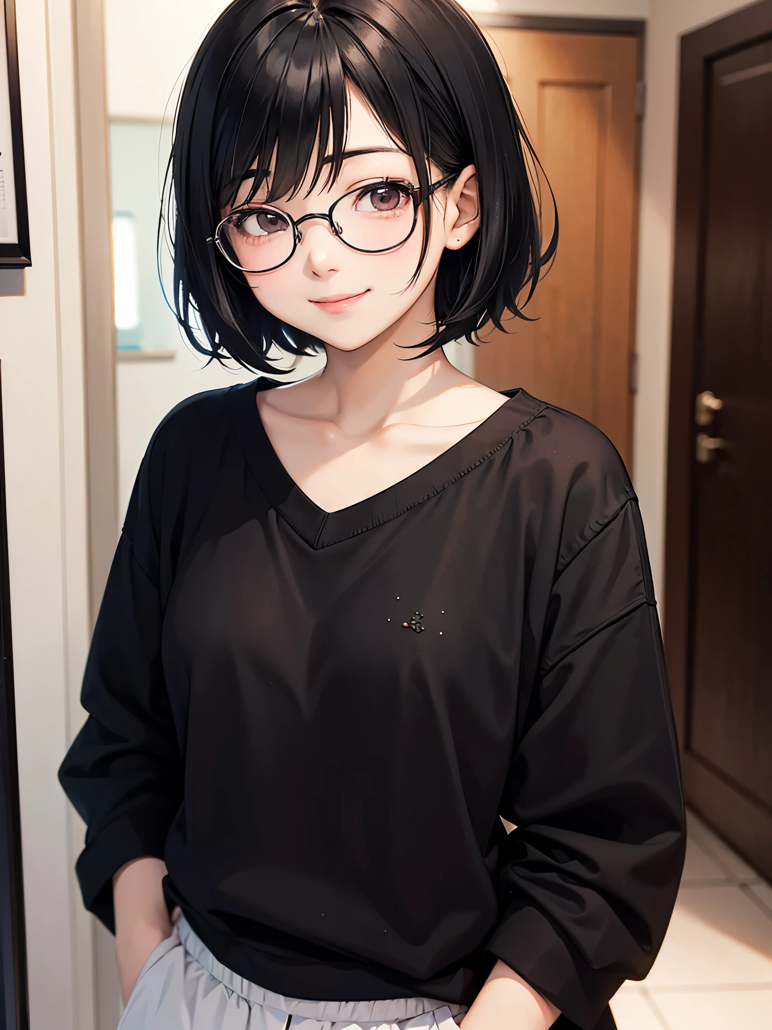 Black hair. Short hair. Anime girl. Asian girl. Ulzzang. Glasses. Smile.