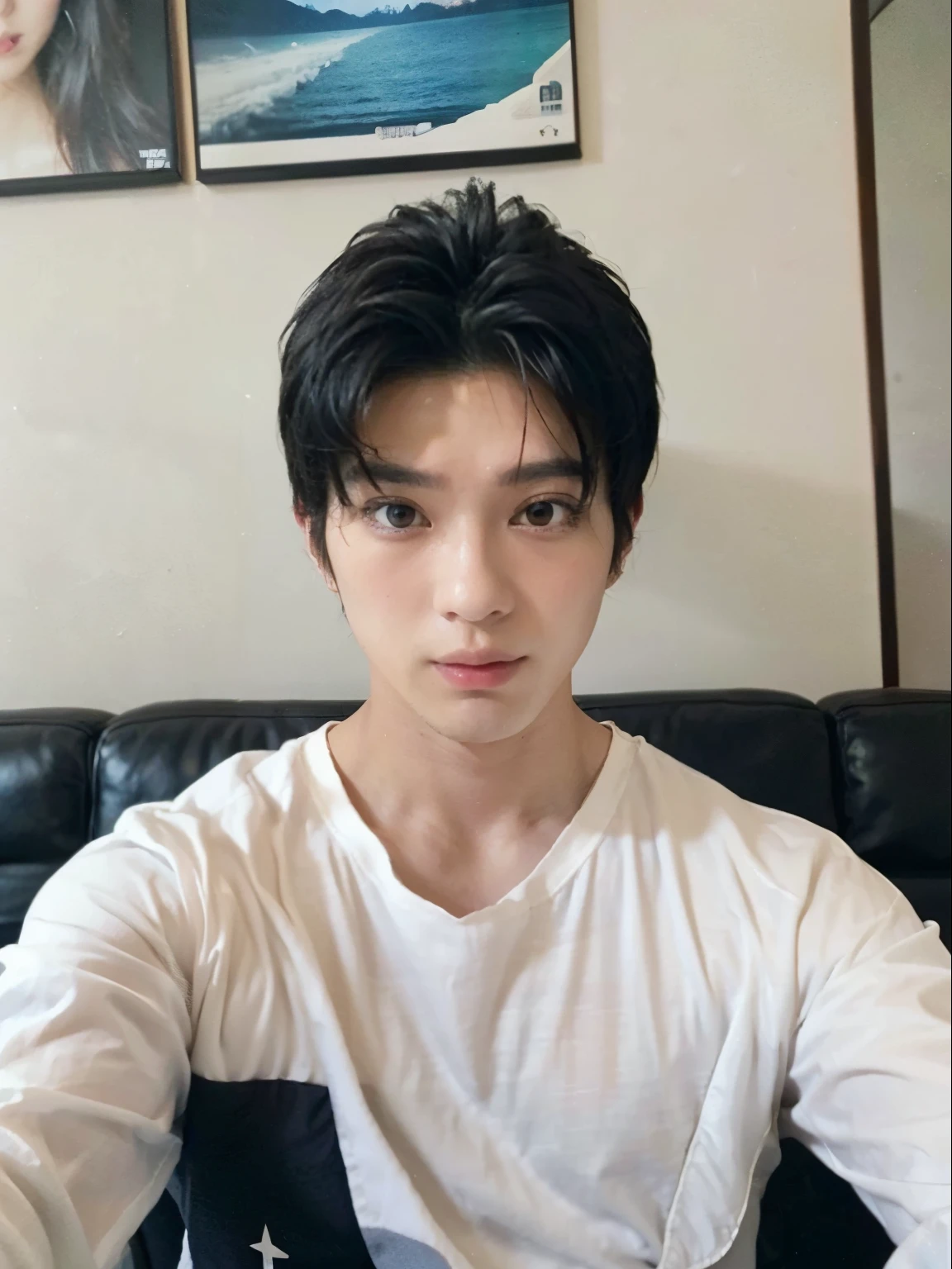 Cartoon face,(Black hair), Sharp: 1.2, Slim abs: 1.2, ((Layered Hair Style, :1.2)), (indoor: 1.2),Black shirt,Slightly sideways face,(High resolution1.5),