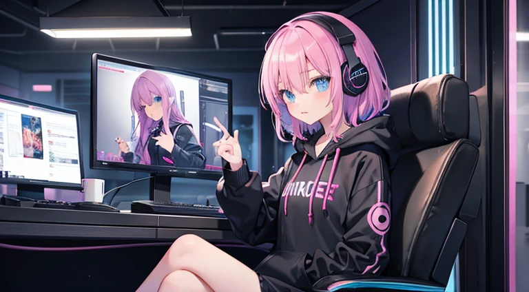girl　black and pink hair　long　blue eyes　Black hoodie　１Looking at a computer screen　Drink coffee　Sit in a gaming chair　Listen to music with headphones