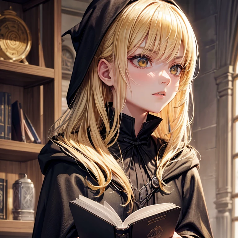 A beautiful girl with honey eyes and blonde hair is wearing a black cloak and is a member of the Slytherin group./She is looking angrily at Draco Malfoy while she is in her room with a book in her hand. The room is dark/Realistic style_Harry Potter story