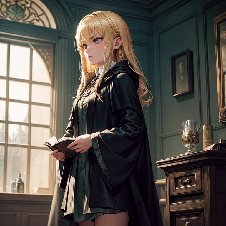 A beautiful girl with honey eyes and blonde hair is wearing a black cloak and is a member of the Slytherin group./She is looking angrily at Draco Malfoy while she is in her room with a book in her hand. The room is dark/Realistic style_Harry Potter story