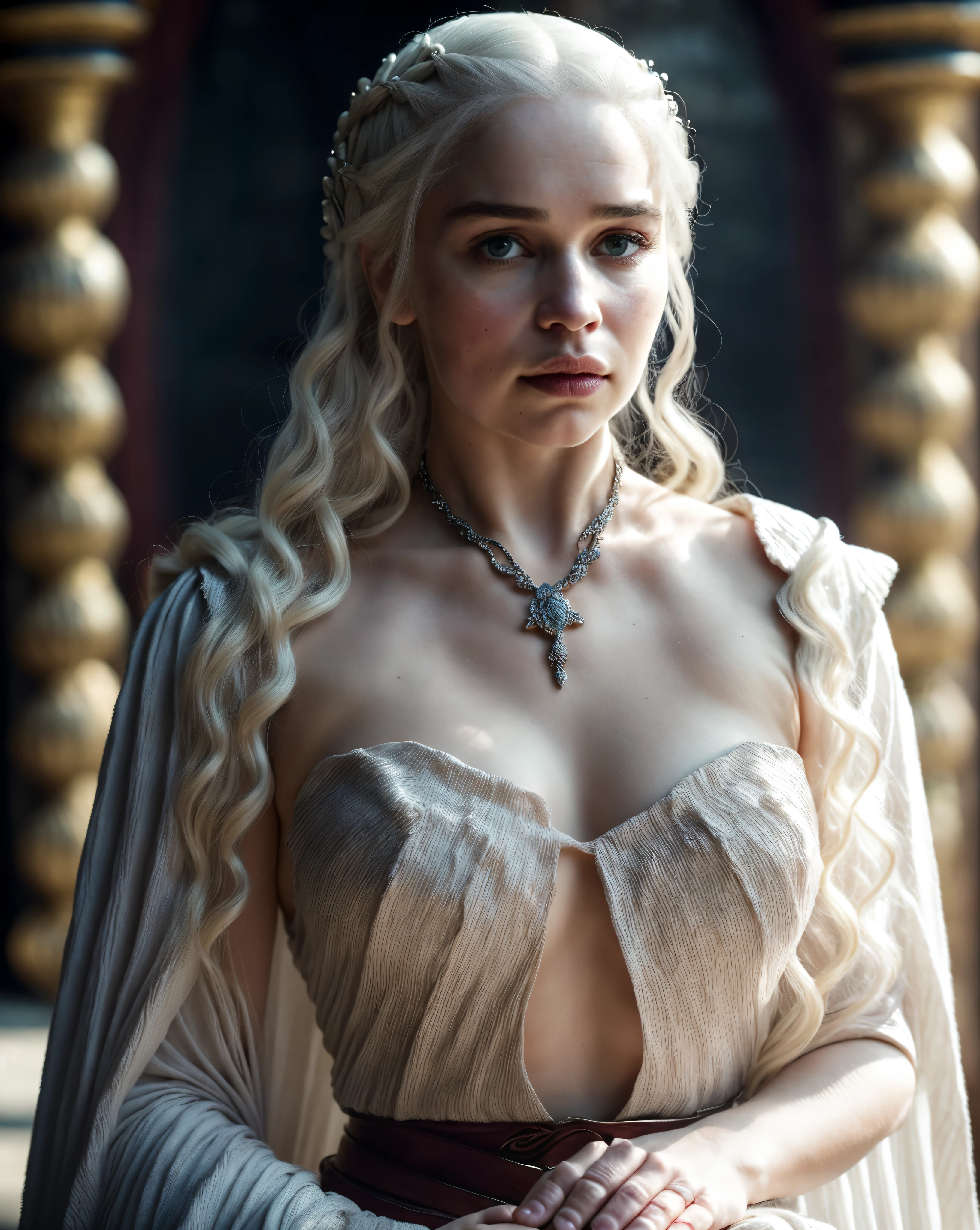 Solo woman, Linen cloth, linen dress, dress inspired by mediaeval period Royal lady, mediaeval maid linen dress, Royal Satin dress, Perfect eyes, flawless Beauty, pierced eyes, Masterpiece, Daenerys Targaryen, Gorgeous woman, queen, Queen Lady, Princess of Dragonstone, beautymarks on breast, The Unburnt, Queen of Meereen, Queen of the Andals, the Rhoynar and the First Men (claimant), Protector of the Seven Kingdoms (claimant), Khaleesi of the Great Grass Sea, Breaker of Shackles, Mother of Dragons, The One Who Was Promised, Lady of Dragonstone , 45 years Old, she is a Full growned lady now, beautiful mature lady, the queen, milf beauty, mature queen, Best quality, a small, charming Beauty, a captivating woman, fully ripen milf body, lustful queen, alluring appearance, unrivaled beauty, wonderful breasts, large breasts, mediaeval erotic costumes, a Game of Thrones-inspired costume, a close-up of a woman from the middle ages, Daenerys Targaryen, Daenerys, resembles Emilia Clarke, Emilia Clarke, scene from "Game of Throne," deep cleavage, warrior princess, healthy body, perfect thick body, attractive figure, fleshy body, style of "Game of Throne," beautiful lady, beautiful woman, mediaeval clothes, stunning woman, 8K, insane details, dress made of clothes and jewelry, perfect hair, styled hair, high clarity eyes, perfect hands, perfect fingers, perfect eyes, single female,