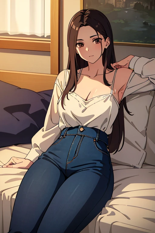 ((best quality)), ((masterpiece)), (Detailed description): girl with long, luscious locks is the center of attention in this illustration. She is wearing a deep V-neck camisole top that accentuates her decolletage, and her jeans trousers hug her curves in all the right places. The boy, also depicted in detail, is lying with his head resting on the girl's belly, gazing up at her with adoring brown eyes. He is dressed in a well-fitted shirt and trousers. The couple exudes a charming aura, making for a cute and endearing scene. The illustration is rendered in high definition, every detail.