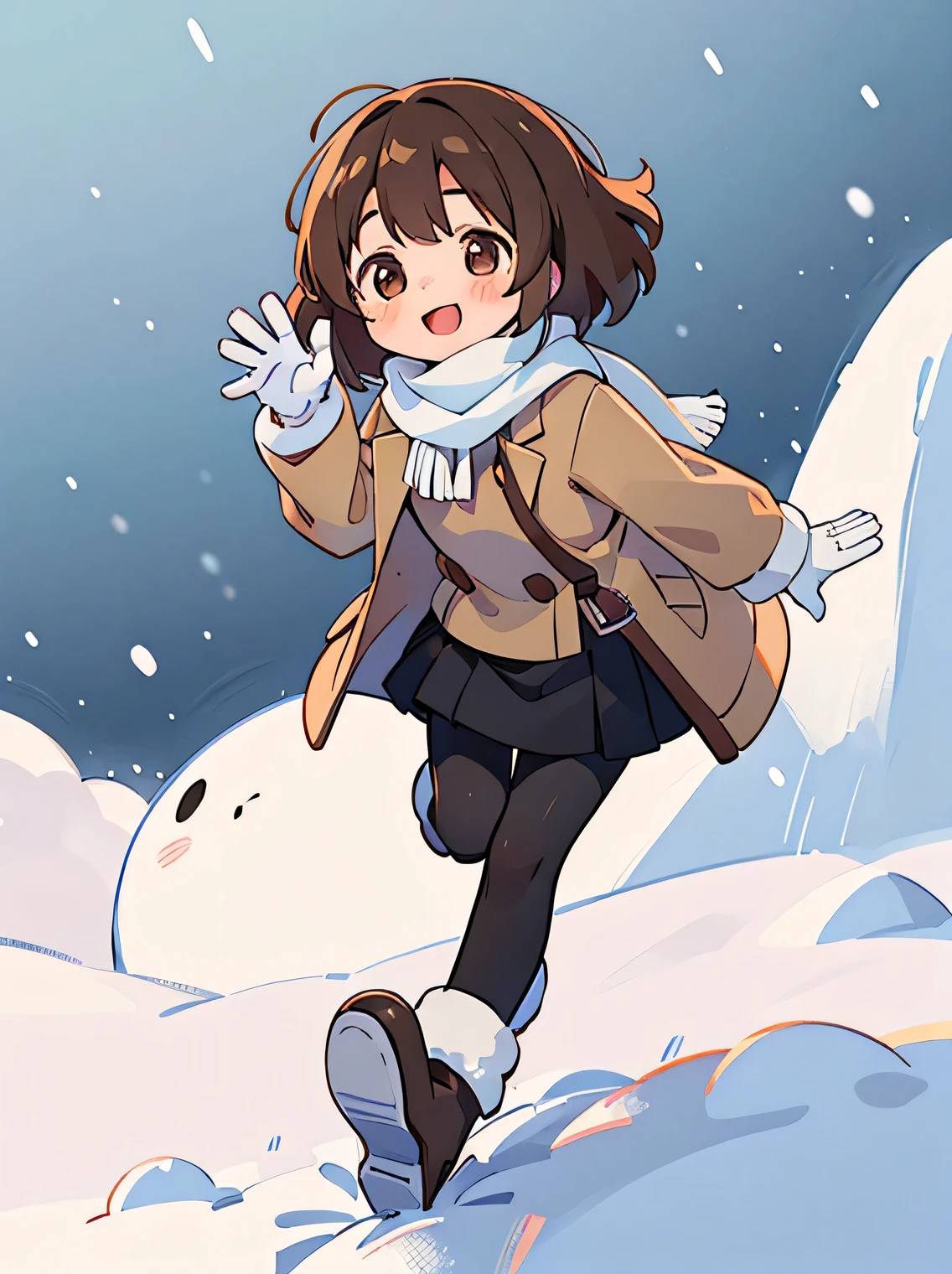 (best quality,4k,8k,highres,masterpiece:1.2), ultra-detailed, (deformed, photorealistic, photo-realistic:1.3), One girl, 12 years old, kawaii, cute, children, fluffy brown hair, shining eyes, winking, smiling, mouth open, very cold, blushing nose, white breath, happy, full of energy, fluffy white scarf, fluffy brown coat, black skirt, long black tights, fluffy brown boots, fluffy gloves, waving both hands, running around, winter town, snow piling up.