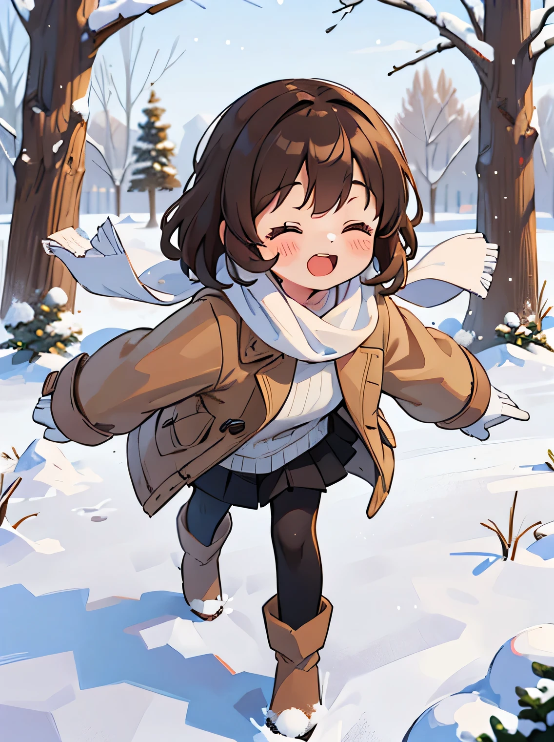 (best quality,4k,8k,highres,masterpiece:1.2), ultra-detailed, (deformed, photorealistic, photo-realistic:1.3), One girl, , kawaii, cute, children, fluffy brown hair, shining eyes, closing eyes, winking, smiling, opening mouth, very cold, flushed nose, white breath, happy, full of energy, fluffy white scarf, fluffy brown coat, black skirt, long black tights, fluffy brown boots, fluffy gloves, waving hands, running around, winter town, dead tree, snow piling up.