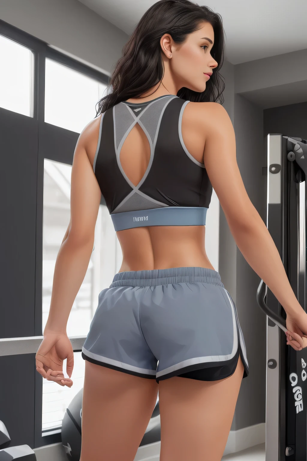 there is a woman standing in a room with a cell phone, sports bra and dark blue shorts, side photo, in shorts, legs visible, side pose, legs and arms, leg and thigh photo, sexy girl wearing shorts, leg photo and hips, toned legs, leg photo, thick legs, photo from behind, back kick, sports bra and shorts The person appears focused on their activity, indicating an interest in exercising or maintaining flexibility. Beautiful woman, extremely sexy, very sensual. (ultra quality masterpiece) with toned body, 35 years old, 1.62 tall, 60 kg, best quality, perfect face, perfect mouth, perfect hands, (((black hair))), is standing, ( full body) wearing a tank top (((grey-blue mixed top)) )), very short blue shorts (((short black shorts)))), dark brown hair, short dark blue shorts for gym training, tanned body , sexy pose, shapely legs, well defined, high contrast, Ultra HD, 16K. tanned body, sexy pose, shapely, well-defined legs, high contrast, Ultra HD, 16K. Photorealistic, detailed and realistic hands, 5 fingers per hand, dark hair, full body photo, clear and high quality photo. Masterpiece: 1.3, high resolution, (photographically realistic), 8k, NUDE, NUDITY, NFSW.