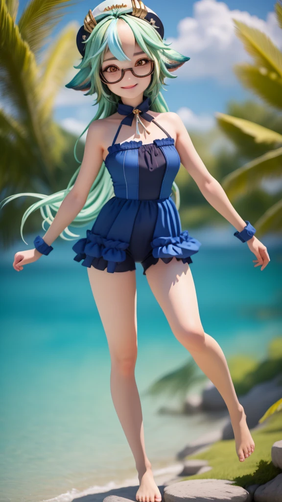 (Masterpiece), (Best Quality), (Ultra-detailed), (Full Body: 1.2)  Girl, Light and Detailed, Clear Smile, Full Body, Mid Hair, Modern Accessories, Bikini, barefoot.