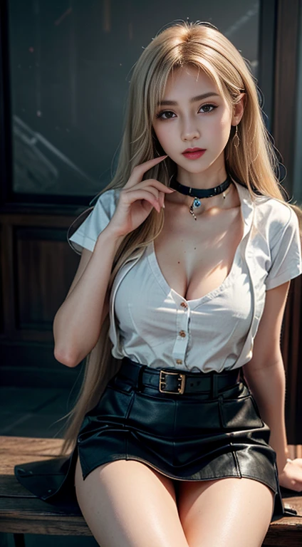 (8K,high resolution,Masterpiece, best quality, alone, complicated details, Chromatic aberration), realistic, ((Moderate breath)), hair in one eye,purple eyes, round hoop earrings, sharp eyes, Diamond-encrusted choker, (symmetrical eyes),(Perfect symmetrical body),Photo of a beautiful 21 year old age girl,(fit the body), ,Beautiful and charming with contemporary fashion paintings as well...., looking at the audience, ((In the background of a large classroom)), (black short skirt), ((The young woman wore a form-fitting white short-sleeved shirt., Unbuttoning the buttons, Revealing a little breast..)), ((A short black pencil skirt with a deep slit on the side..)), belt, ((Put your hands down.)),Blonde hair, Bob, long hair, Lateral smoothness,,copper blonde hair, sit, sharp eyeliner, Eye shadow blush with thick eyelashes, Very delicate and beautiful, round chin, Sharp focus, elegant,sitบนโต๊ะเรียน ยกขาข้างหนึ่งขึ้นให้อยู่ในระดับสายตา, The legs are slightly separated..,dynamic gesture,((Top the shirt with a crisp blue lab coat that doesn&#39;t reach your hips.))
