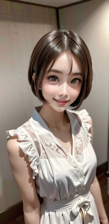 masterpiece, 1 beautiful girl, detailed, Swollen eyes, highest quality, 超High resolution, (reality: 1.4), Original photo, One girl, Cinema Lighting, smile, Japanese, Asian Beauty, Korean, clean, so beautiful, Small young face, Beautiful Skin, thin, Cyberpunk Background, (Ultra-realistic), (High resolution), (8k), (非常にdetailed), (Best illustrations), (Beautiful and detailed eyes), (非常にdetailed), (wallpaper), (detailedな顔), Viewers are watching, The finer details, detailedな顔, Pure Erotic Face Ace_v1, smile, 46 point diagonal bangs, Look straight ahead, Dress neatly, Dark Eyes, Sleeveless clothing, Body facing forward,