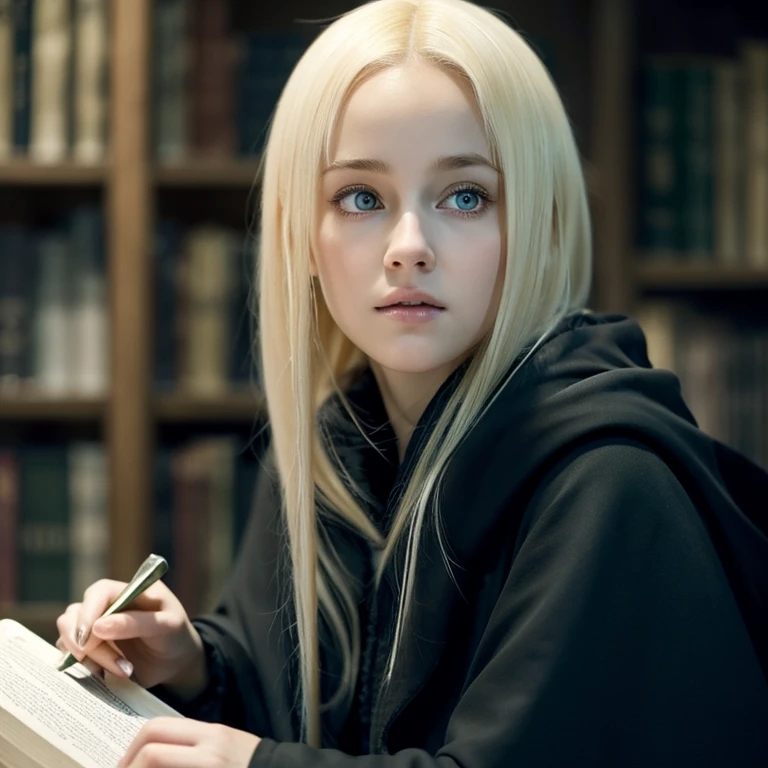 A beautiful girl with honey eyes and blonde hair is wearing a black cloak and is a member of the Slytherin group./She is looking angrily at Draco Malfoy while she is in her room with a book in her hand. The room is dark/Realistic style_Harry Potter story
