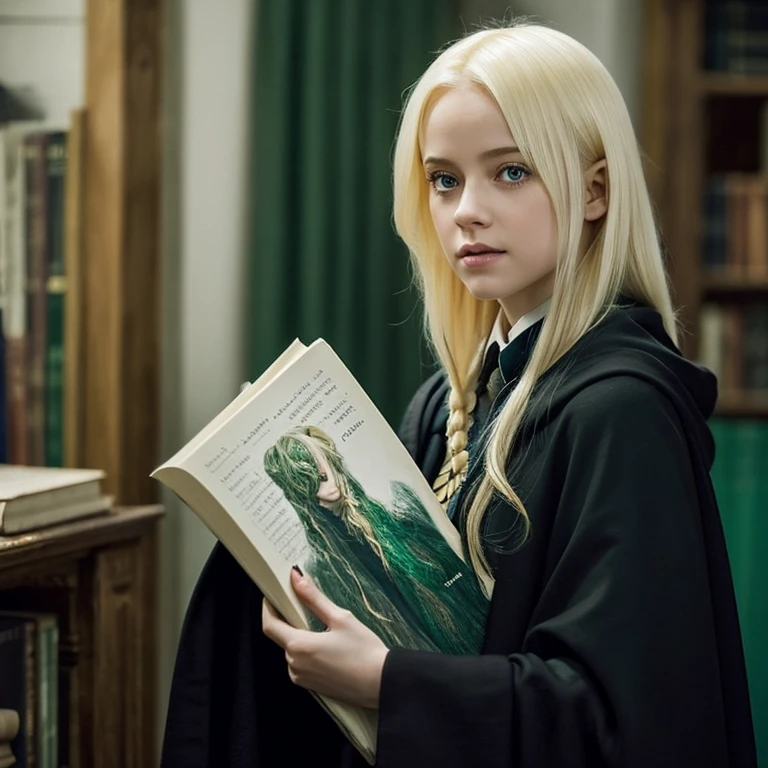 A beautiful girl with honey eyes and blonde hair is wearing a black cloak and is a member of the Slytherin group./She is looking angrily at Draco Malfoy while she is in her room with a book in her hand. The room is dark/Realistic style_Harry Potter story