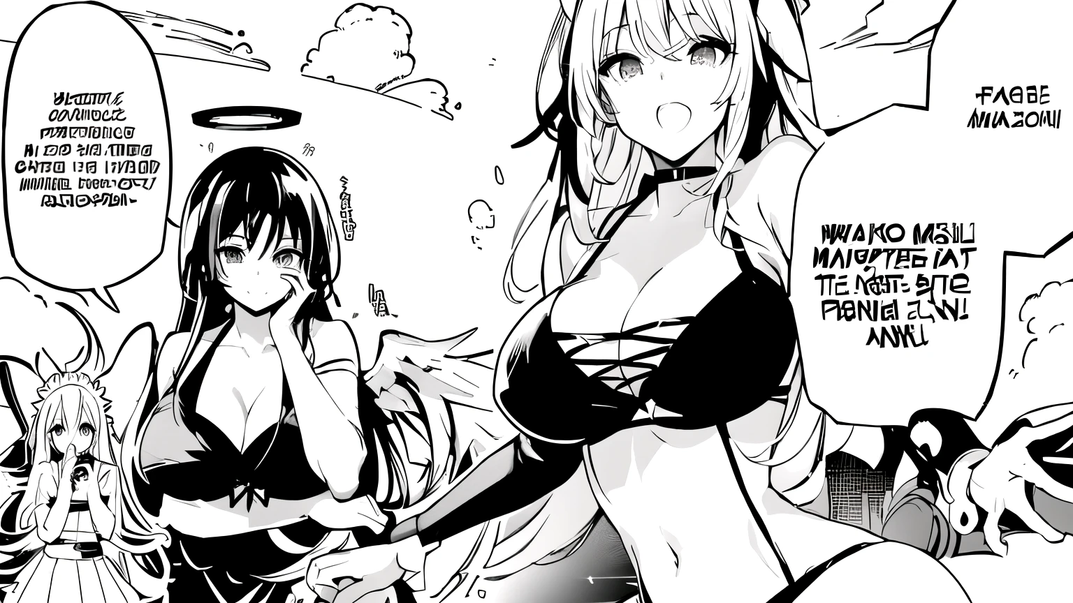 anime girl in a bikini with angel wings and a speech bubble, black and white manga panel, black and white manga page, black and white manga style, black and white manga, manga panels, manga panel, award-winning manga style, black and white manga comic, anime maids riding starter tanks, in manga style, she is approaching heaven, as a manga panel